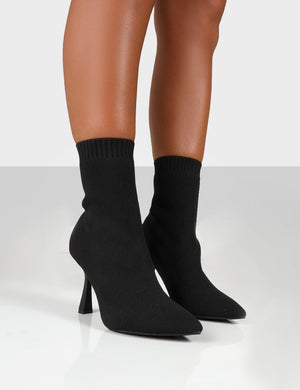 Refine Black Knit Pointed Sock Ankle Boots