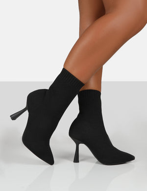 Refine Black Knit Pointed Sock Ankle Boots