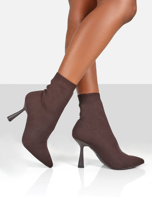 Refine Chocolate Brown Knit Pointed Sock Ankle Boots