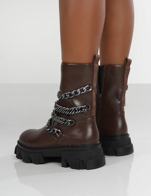 Restrain Chocolate Pu Chain Detail Platform Chunky Sole Ankle Boot