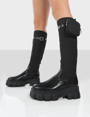 Showing Up Black PU Chunky Sole Pocket Detail Knee High Boots