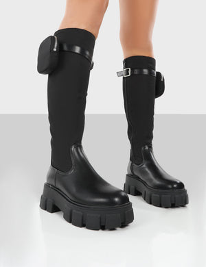 Showing Up Black PU Chunky Sole Pocket Detail Knee High Boots