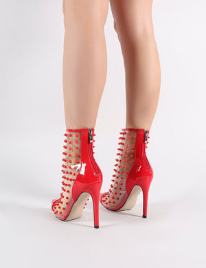 Spikey Pointed Clear Perspex Ankle Boots in Red