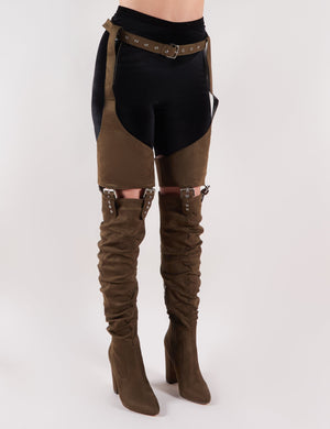 Sterling Belted Over the Knee Boots in Khaki Faux Suede