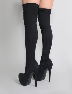 Kellie Platform Over The Knee Boots in Black Faux Suede