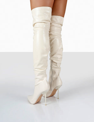 Tianna Ecru Pu Pointed Toe Over The Knee Stiletto Boots